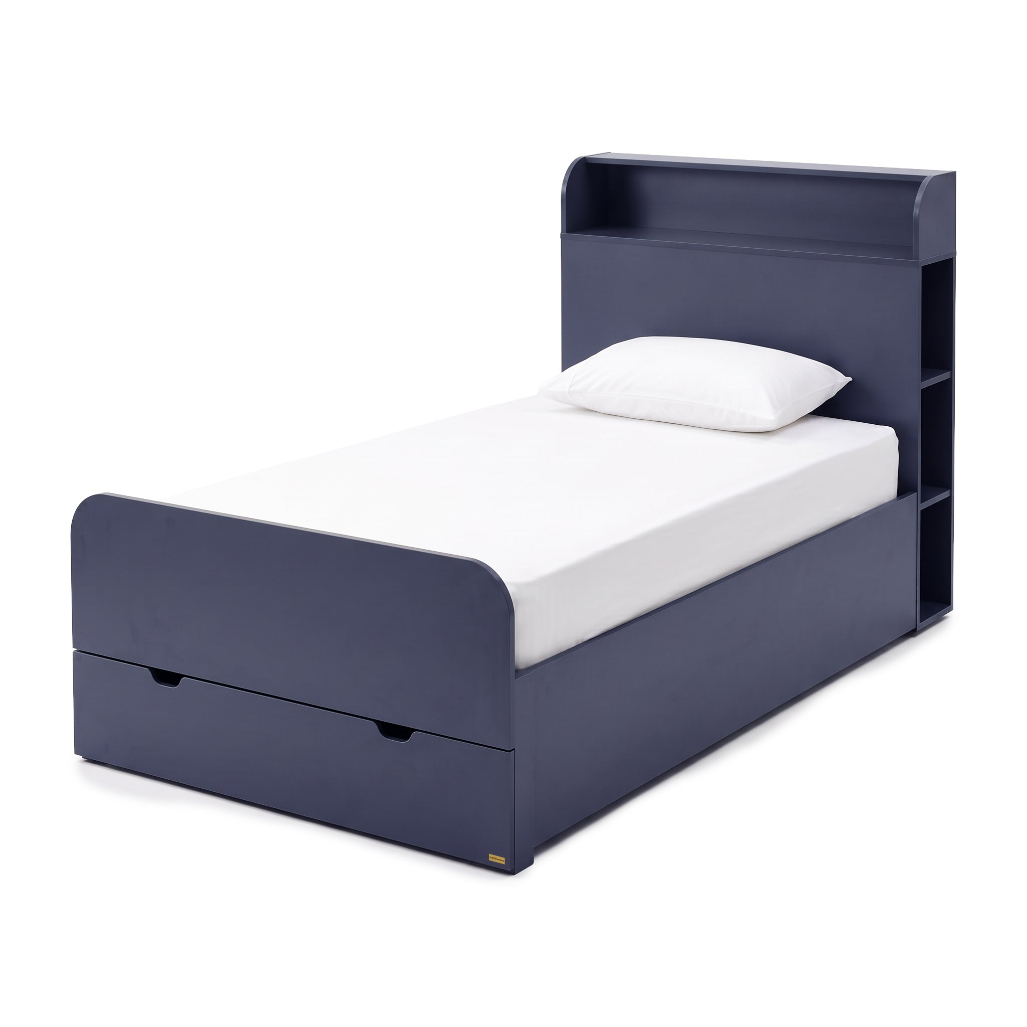 Full navy blue single bed with storage and shelving on a white background