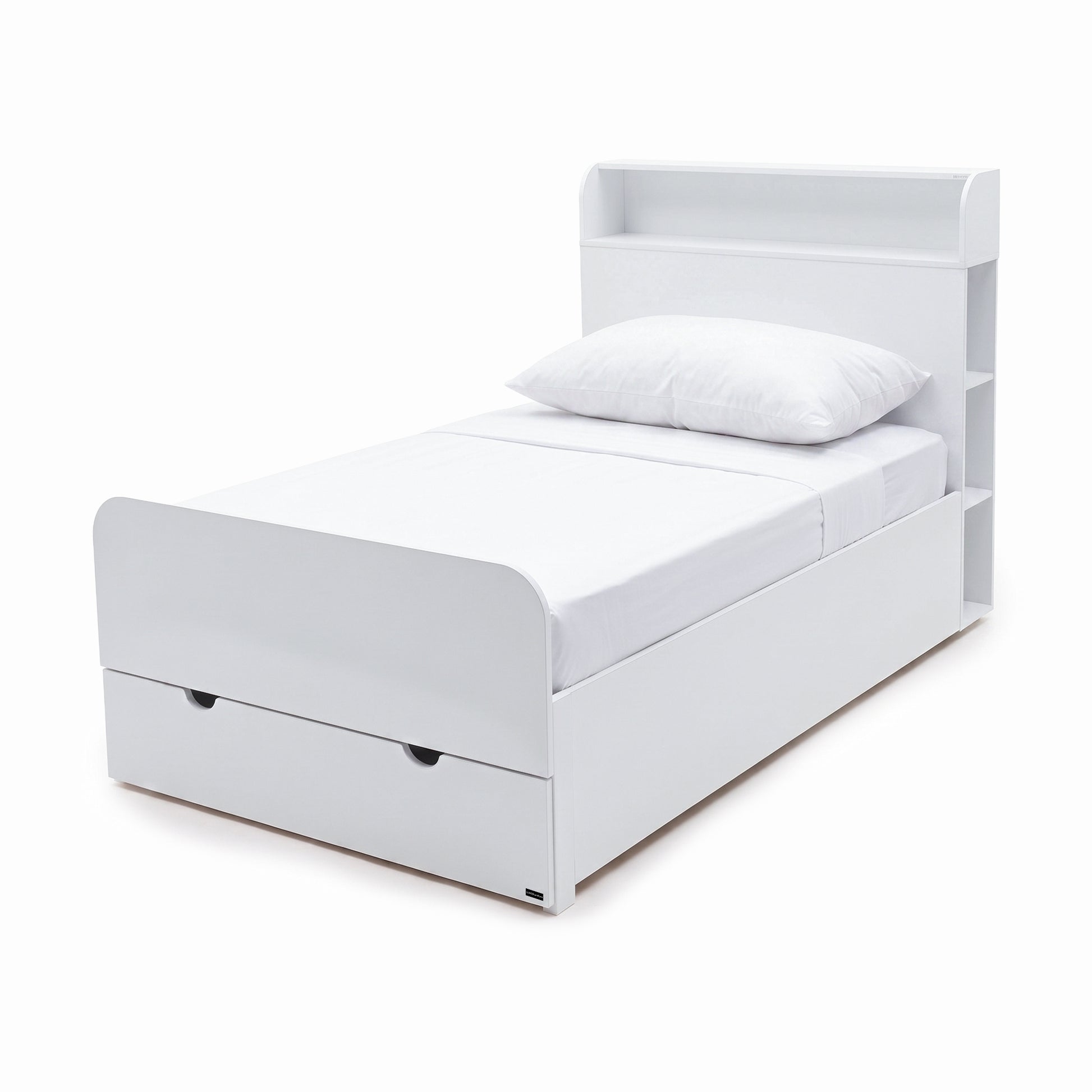 White single bed with shelf headboard and storage drawer on a white background.