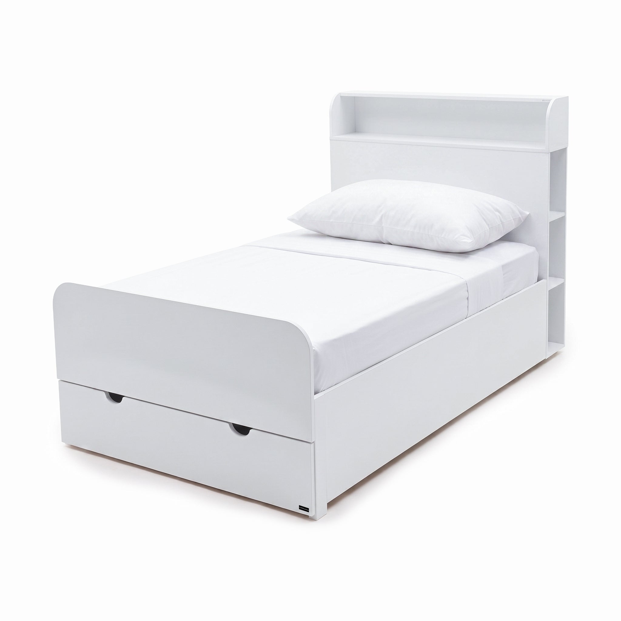 White single bed with shelf headboard and storage drawer on a white background.