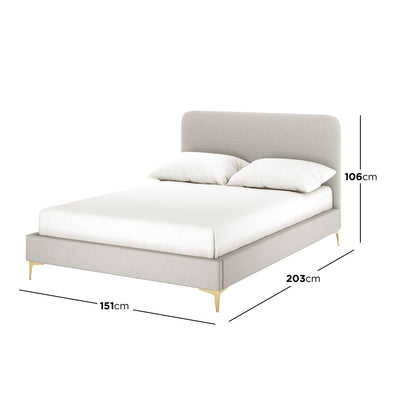 Cammie grey linen fabric double bed frame with curved headboard and gold legs, dimensions 151cm wide x 203cm long x 106cm
