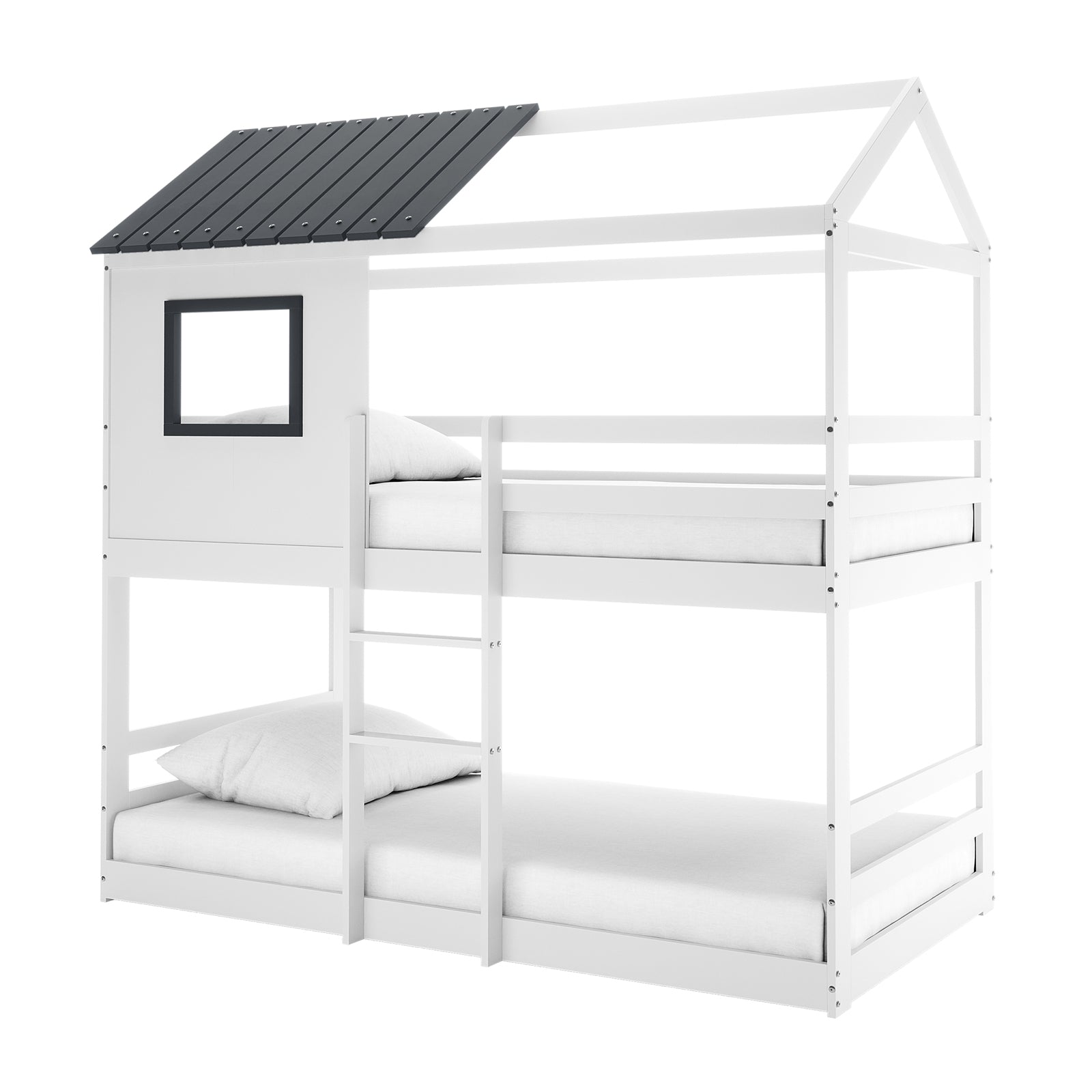Carl Kids Solid Wood Cubby Bunk Bed in White & Grey, featuring a house-shaped frame with a roof, cut-out window panel, and ladder. Includes mattresses, enhancing playful, space-saving bedroom decor.