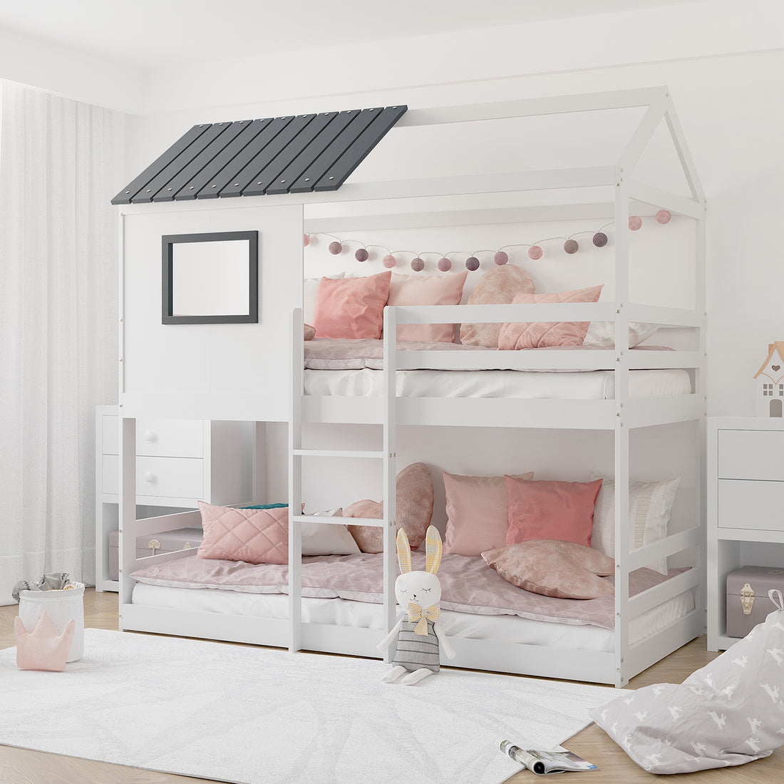 Carl Kids Solid Wood Cubby Bunk Bed in White & Grey, featuring a house-shaped frame with a pitched roof, ladder access, and cozy bedding, creating a playful and space-saving bedroom corner for children.