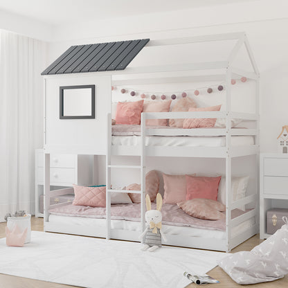 Carl Kids Solid Wood Cubby Bunk Bed in White & Grey, featuring a house-shaped frame with a pitched roof, ladder access, and cozy bedding, creating a playful and space-saving bedroom corner for children.