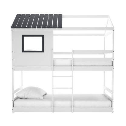 Carl Kids Solid Wood Cubby Bunk Bed in White & Grey, featuring a two-tiered design with a house-shaped upper bunk, slatted roof, window panel, and secure ladder, offering a playful, space-saving solution.