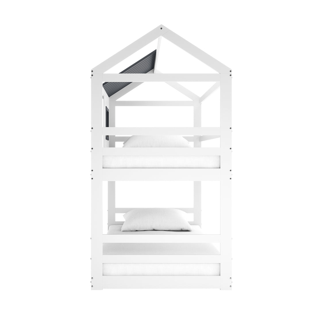 Carl Kids Solid Wood Cubby Bunk Bed in White & Grey, styled like a house with a peaked roof, includes guardrails and mattresses. Designed for children, its playful structure promotes imaginative play and space efficiency.