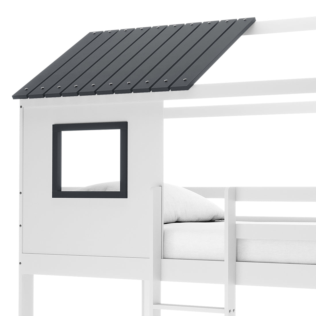 Carl Kids Solid Wood Cubby Bunk Bed in White & Grey, featuring a charming house design with a square window, black-slatted roof, visible mattress, and pillow on the top bunk, ideal for playful bedrooms.
