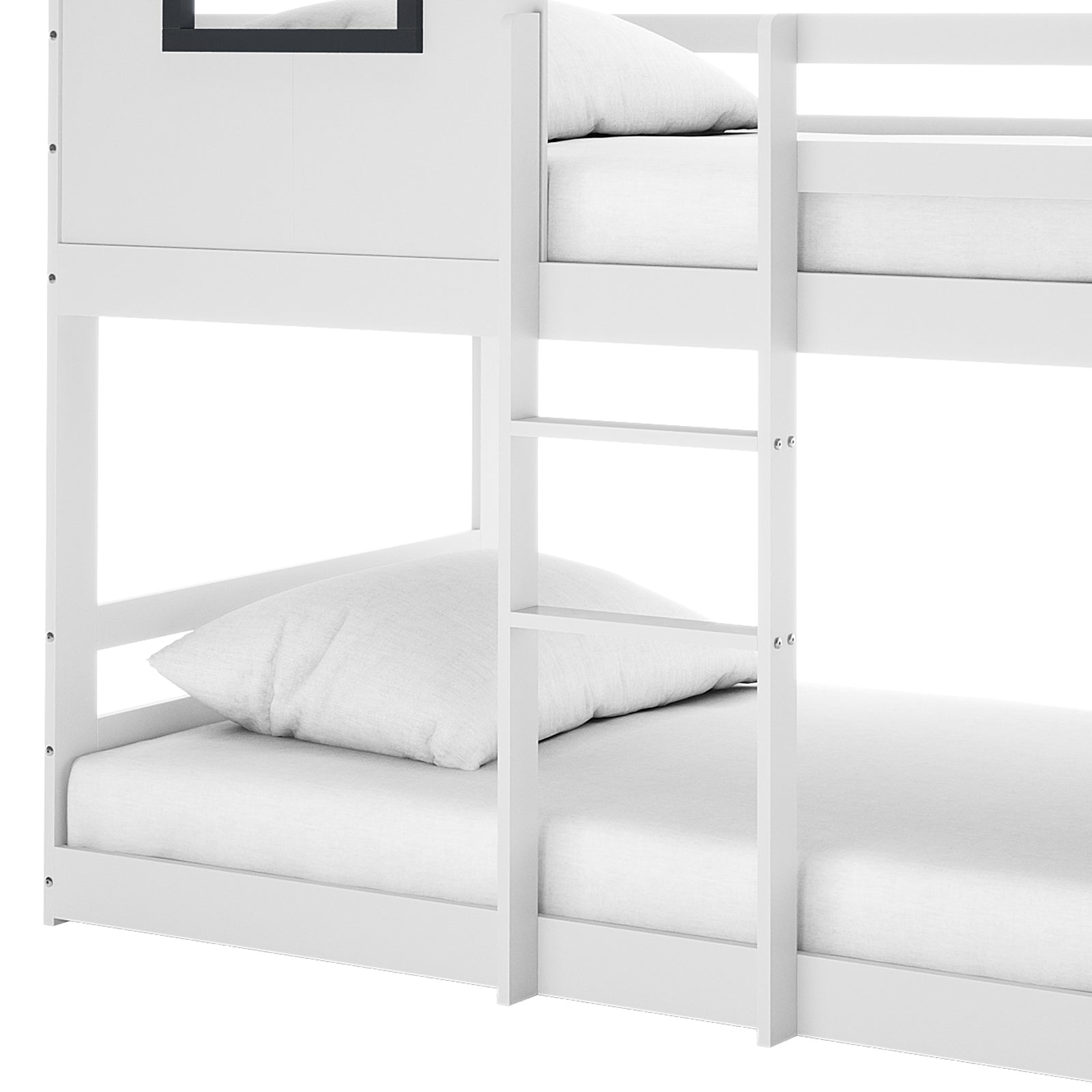 Carl Kids Solid Wood Cubby Bunk Bed in White & Grey, featuring a house-shaped roof, dual sleeping platforms with mattresses and pillows, and an integrated vertical ladder for upper bunk access.