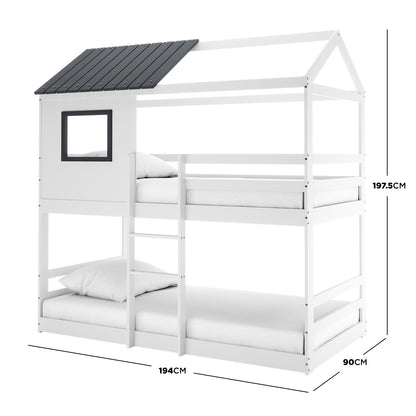 Carl Kids Solid Wood Cubby Bunk Bed features a house-shaped frame with a pitched roof, small window, and ladder. Designed for twin beds, it offers a playful, space-saving solution for children's rooms.