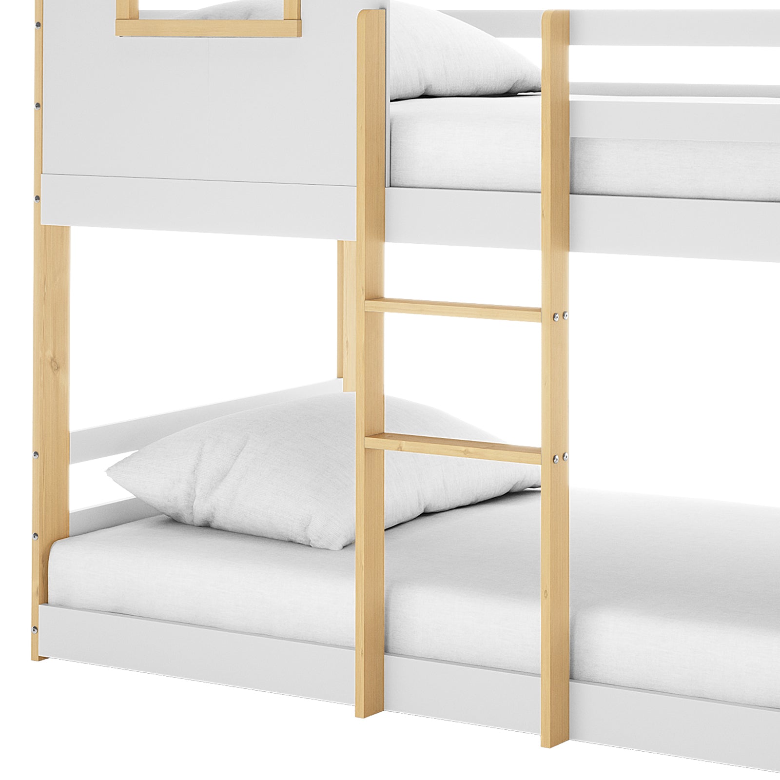 Carl Kids Solid Wood Cubby Bunk Bed in White & Natural features a two-tier design with light wood posts, white panels, built-in ladder, and house roof, complete with pillows on white mattresses.