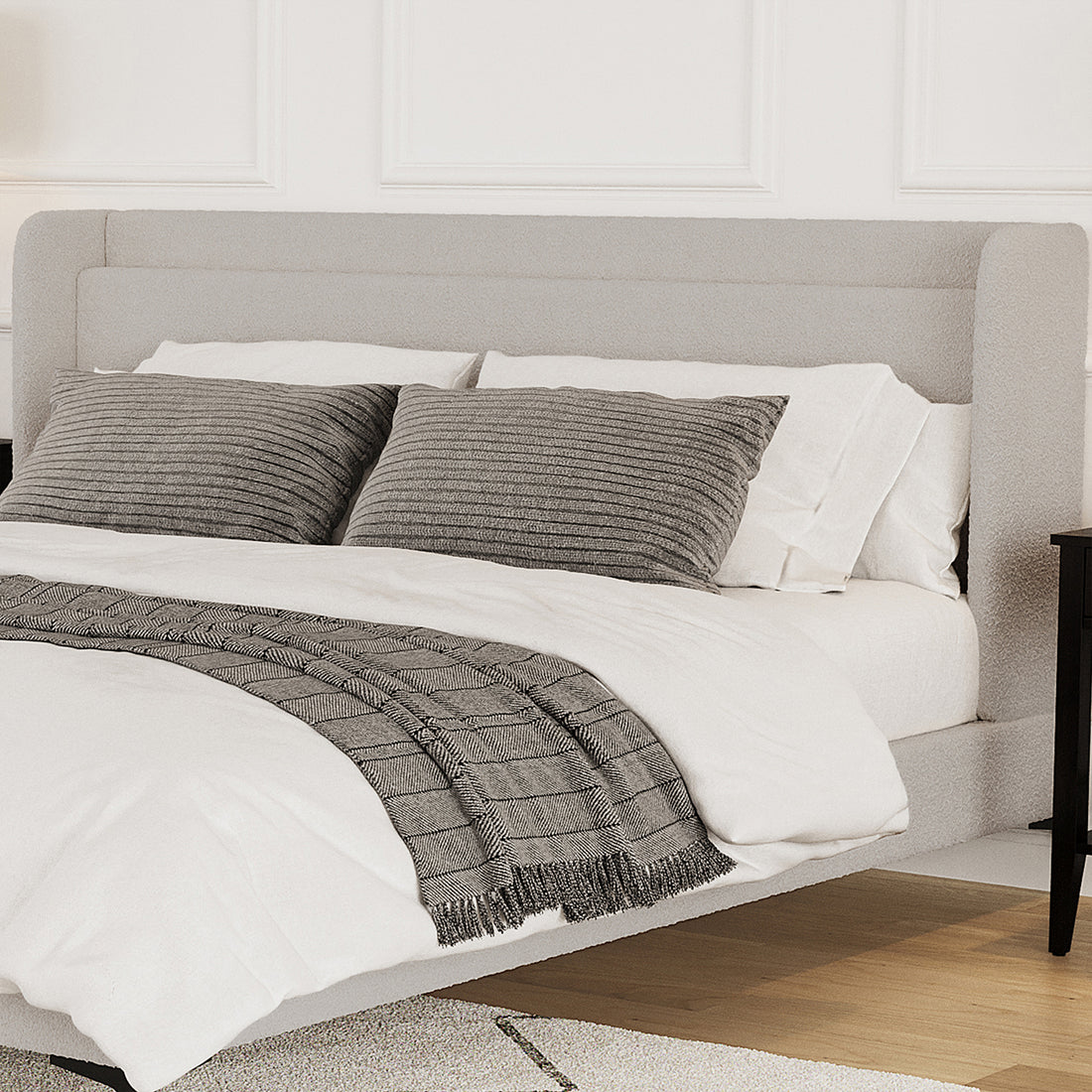 Carmen Boucle Bed Frame w/ Winged Bed Head - Beige King
