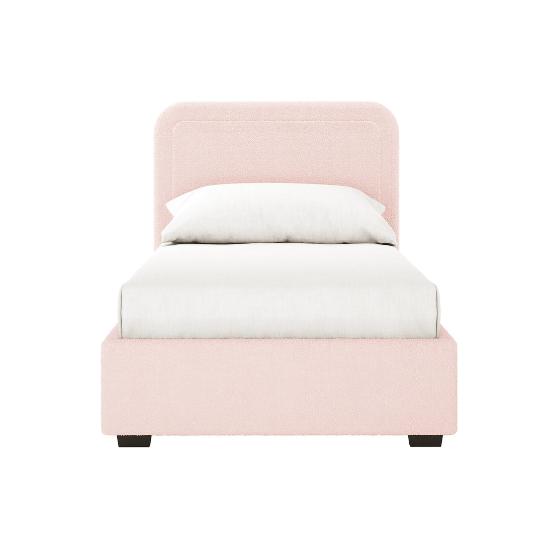 Carya Kids Single Fabric Boucle Bed Frame in Light Pink, featuring a blush-pink boucle-upholstered frame and headboard, white linens, and dark-stained wooden legs, offering a modern, cozy design.