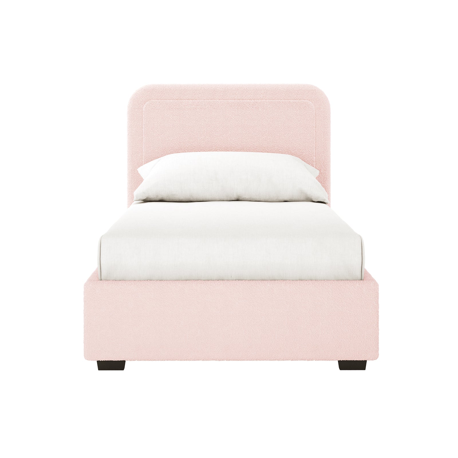 Carya Kids Single Fabric Boucle Bed Frame in Light Pink, featuring a blush-pink boucle-upholstered frame and headboard, white linens, and dark-stained wooden legs, offering a modern, cozy design.