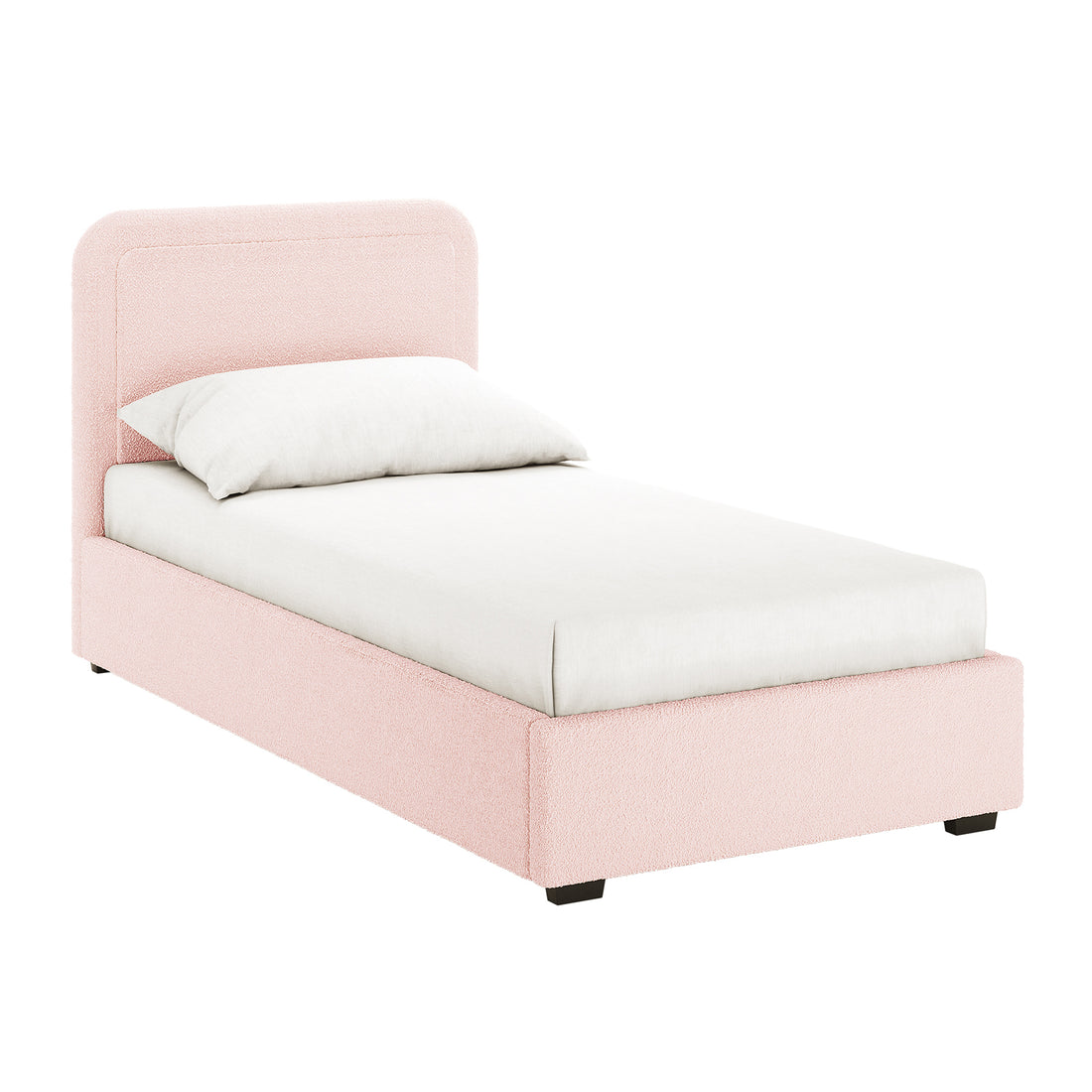 Carya Kids Single Fabric Bouclé Bed Frame in Light Pink, featuring a blush-pink bouclé-covered frame with a low profile and rounded headboard, complete with white bedding and dark block feet.