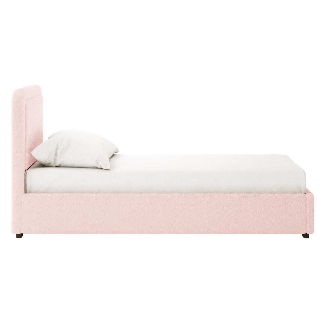 Carya Kids Single Fabric Bouclé Bed Frame in Light Pink features a blush-pink upholstered twin-size frame with a tall padded headboard. Includes a white sheet and pillow, ideal for a stylish children's room.