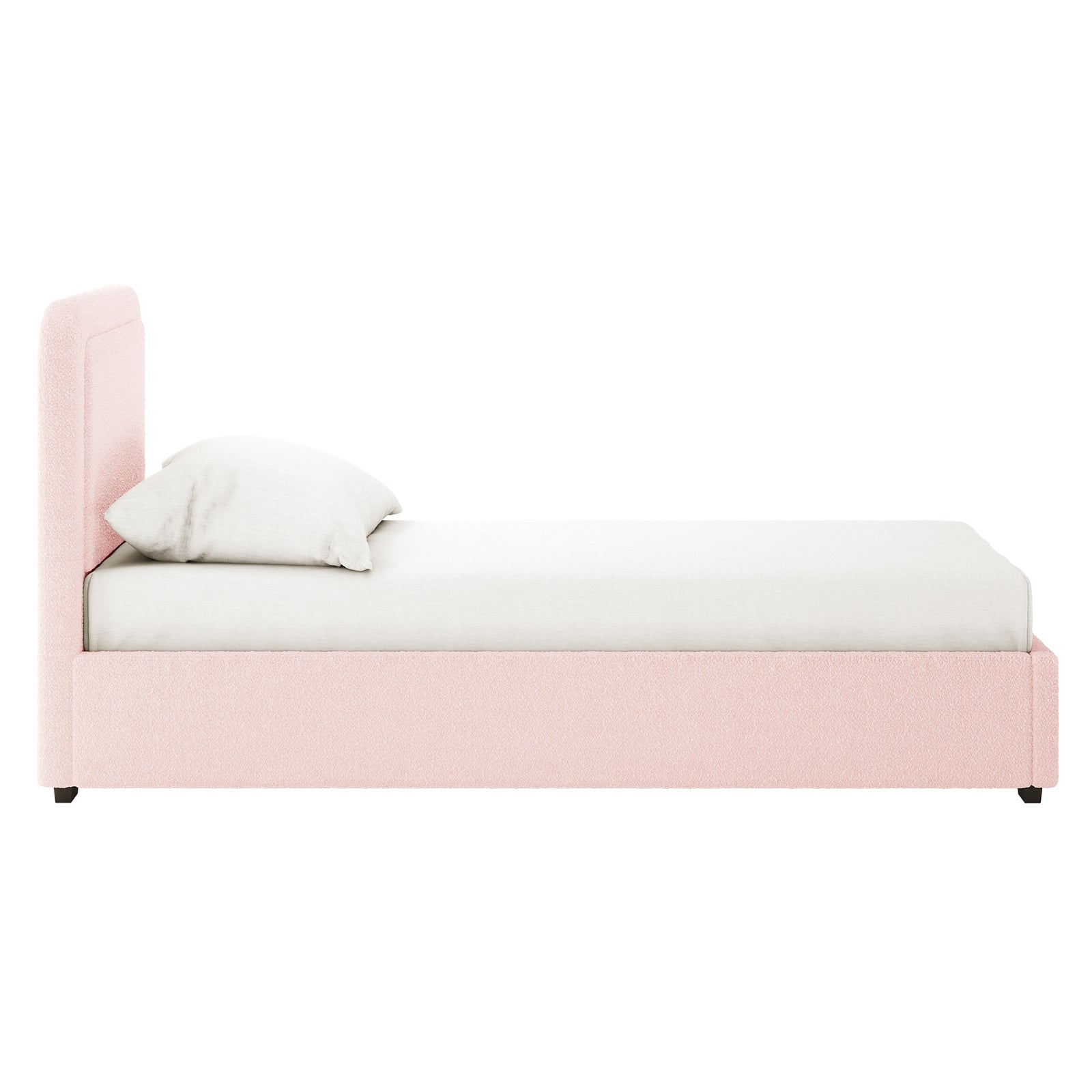 Carya Kids Single Fabric Bouclé Bed Frame in Light Pink features a blush-pink upholstered twin-size frame with a tall padded headboard. Includes a white sheet and pillow, ideal for a stylish children's room.