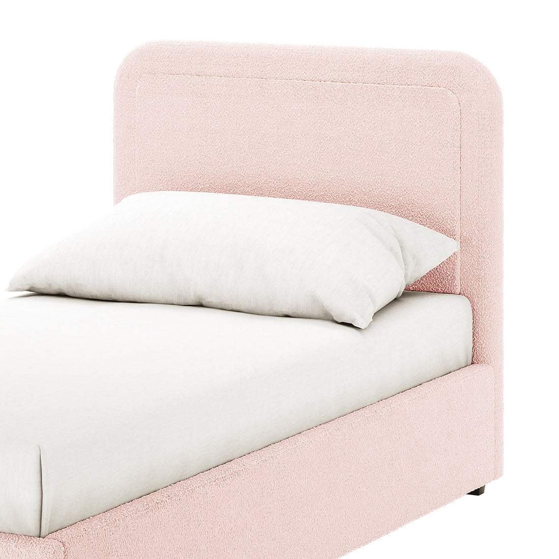 Carya Kids Single Fabric Bouclé Bed Frame in Light Pink, featuring a pastel-pink upholstered headboard and side rails, white mattress, and pillow. Luxurious bouclé fabric adds a soft, sophisticated touch.