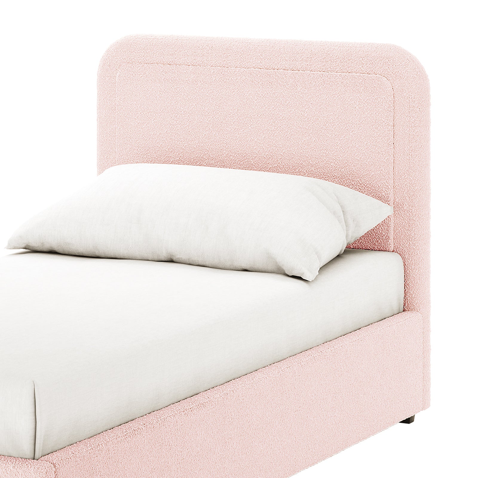 Carya Kids Single Fabric Bouclé Bed Frame in Light Pink, featuring a pastel-pink upholstered headboard and side rails, white mattress, and pillow. Luxurious bouclé fabric adds a soft, sophisticated touch.