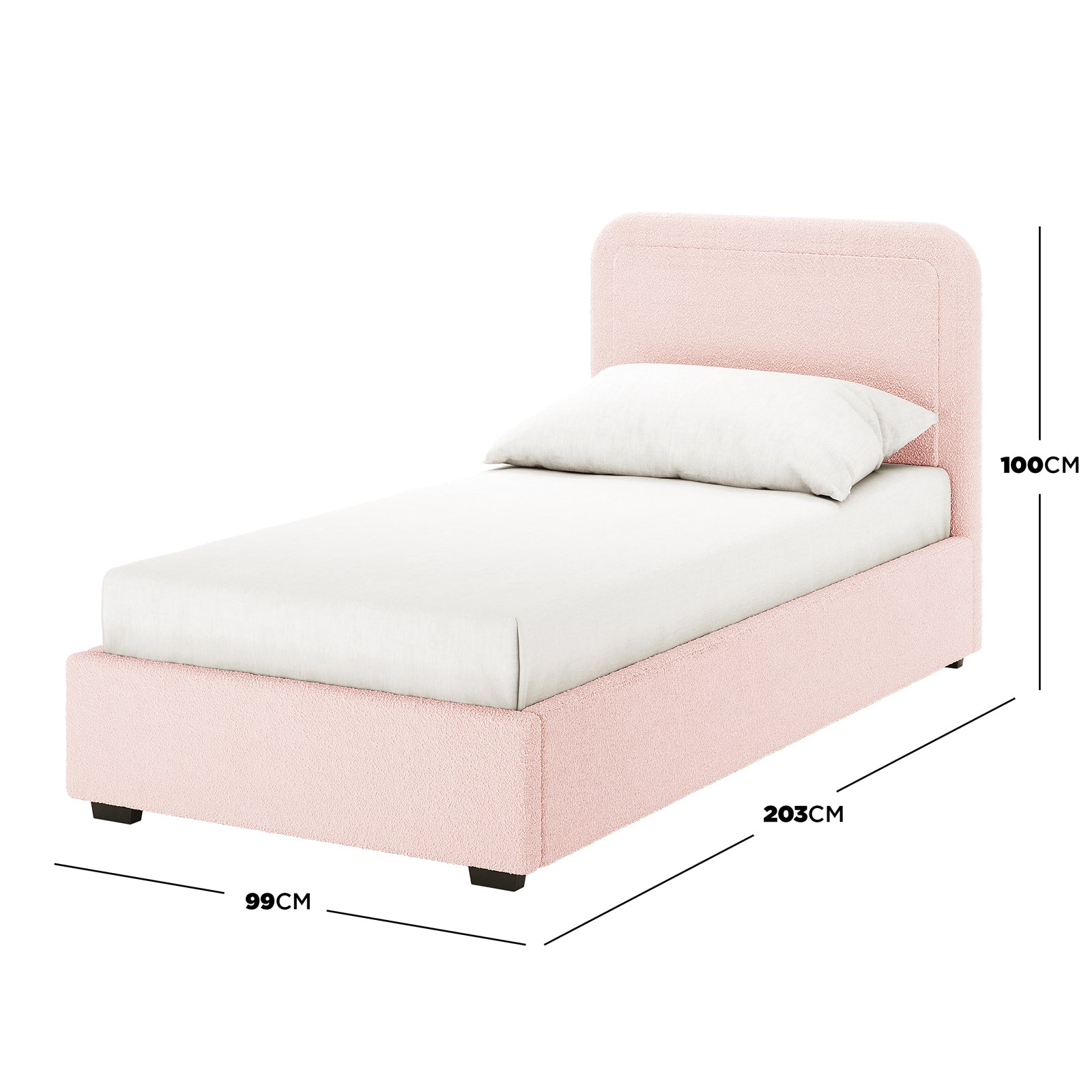 Carya Kids Single Fabric Boucle Bed Frame in Light Pink, twin-sized, features a rounded headboard, white fitted sheet, single pillow, and dimensions: 99 cm wide, 203 cm long, 100 cm tall.
