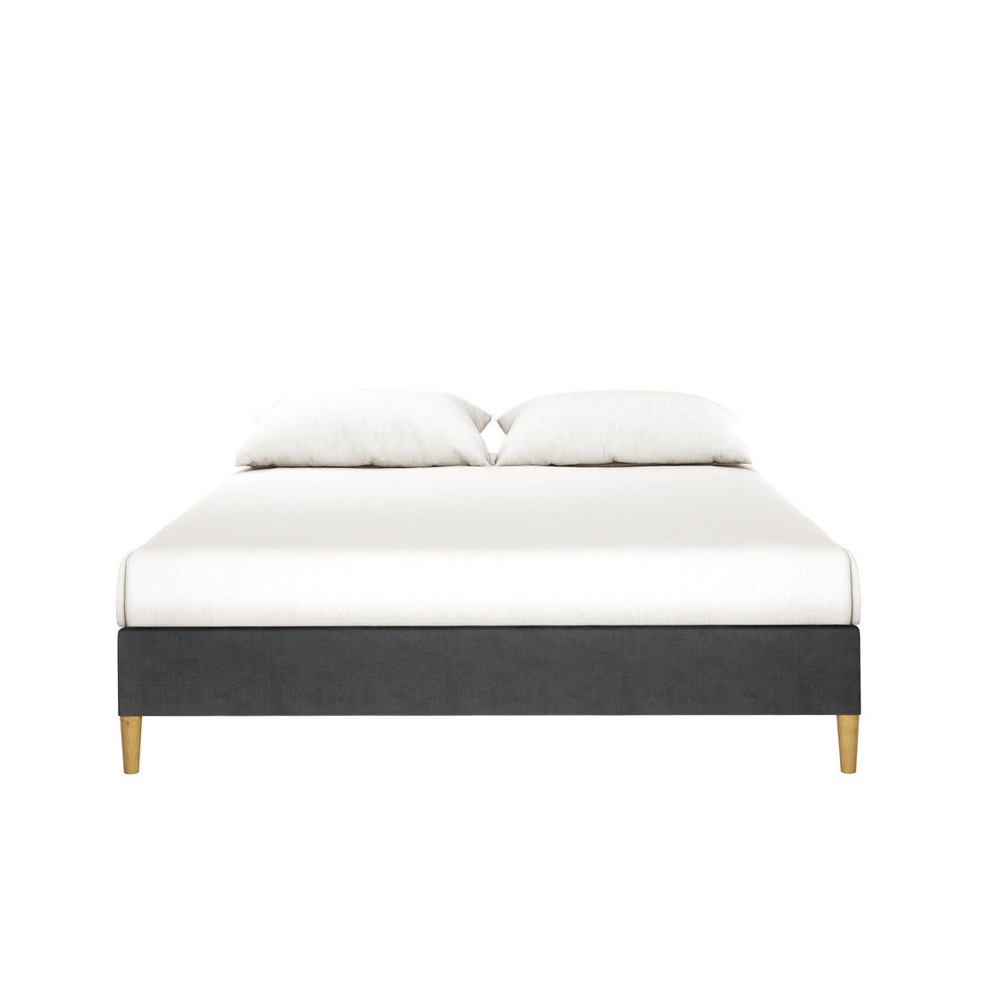 Celina Boucle Upholstered Fabric Bed Base - Black Queen features a low, modern platform with wooden legs, upholstered in luxurious boucle fabric, paired with white bedding and pillows, exuding elegance and sophistication.