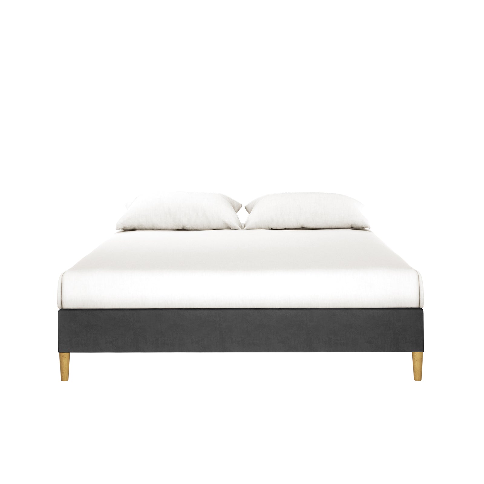 Celina Boucle Upholstered Fabric Bed Base - Black Queen features a low, modern platform with wooden legs, upholstered in luxurious boucle fabric, paired with white bedding and pillows, exuding elegance and sophistication.