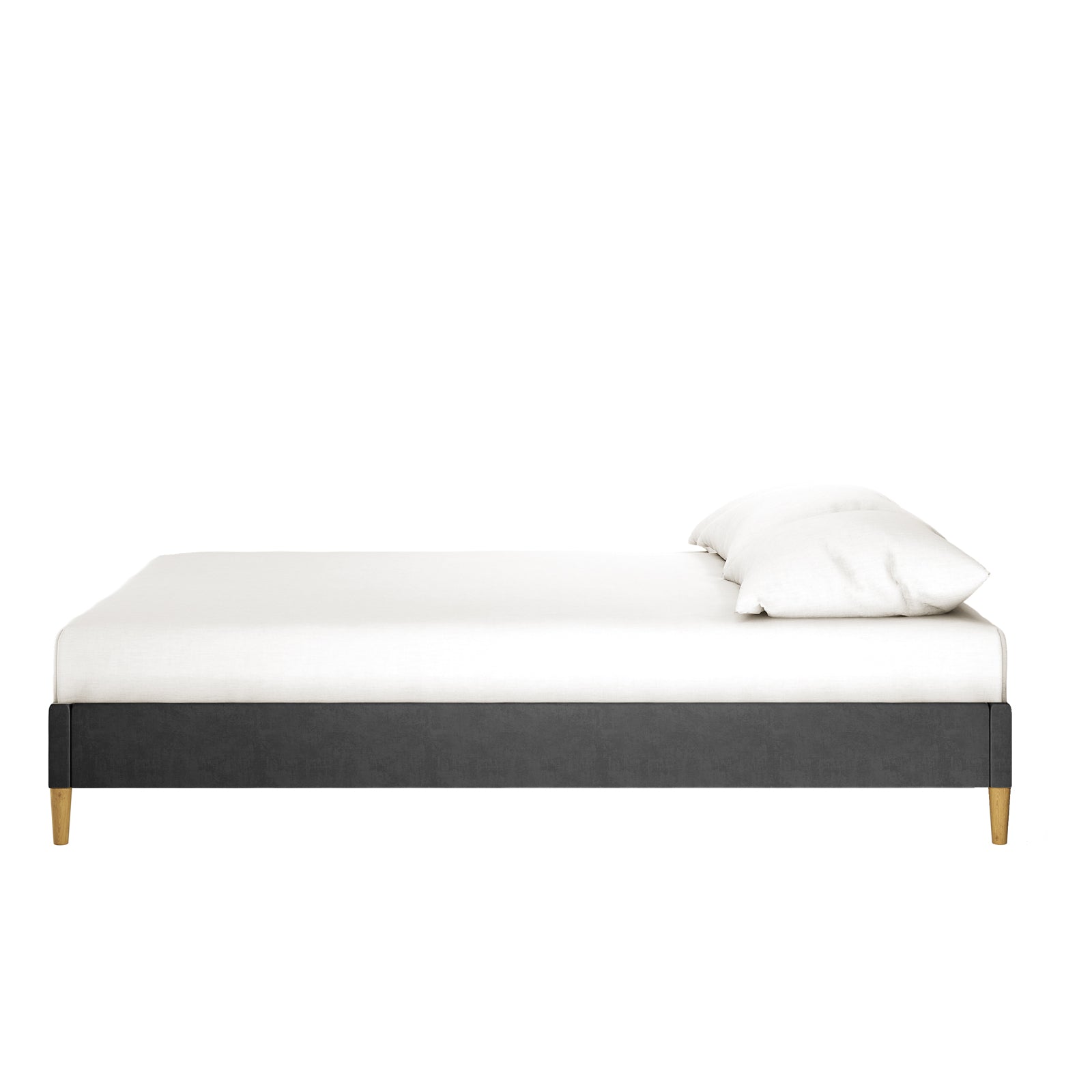 Celina Boucle Upholstered Fabric Bed Base - Black Queen features a dark-gray upholstered platform design with short wooden legs, topped with a white mattress and pillow against a plain white background.