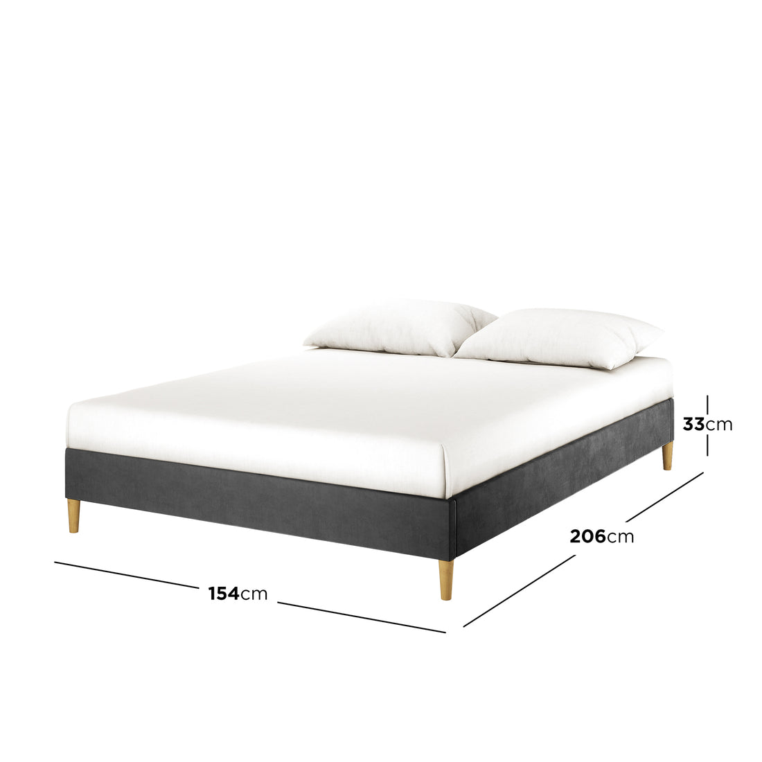 Celina Boucle Upholstered Fabric Bed Base - Black Queen features a dark grey fabric frame on light wood legs, includes a mattress and two pillows, measuring 154 cm wide by 206 cm long.