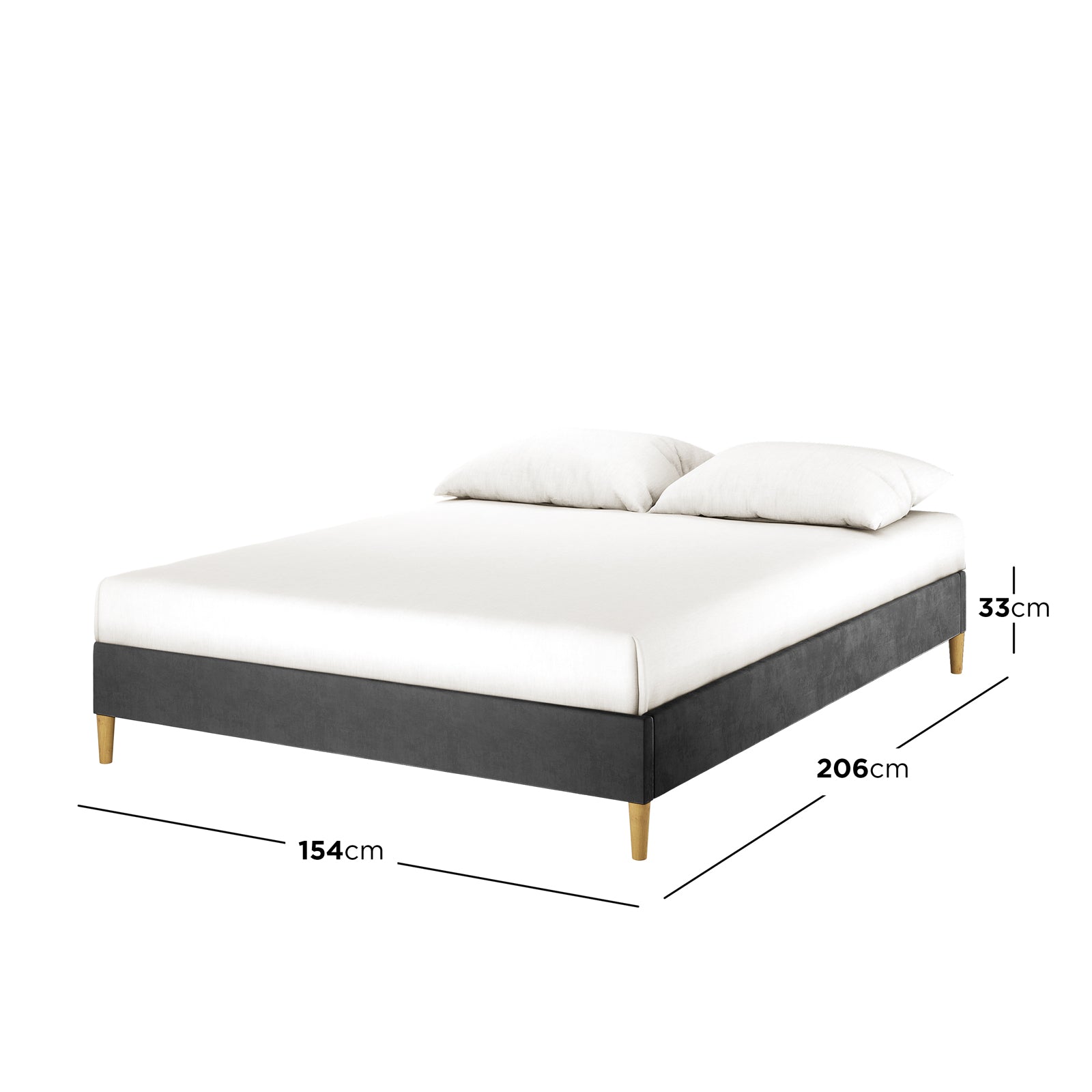 Celina Boucle Upholstered Fabric Bed Base - Black Queen features a dark grey fabric frame on light wood legs, includes a mattress and two pillows, measuring 154 cm wide by 206 cm long.