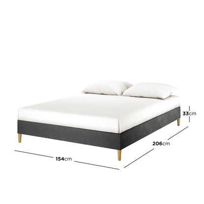 Celina Boucle Upholstered Fabric Bed Base - Black Queen features a dark grey fabric frame on light wood legs, includes a mattress and two pillows, measuring 154 cm wide by 206 cm long.