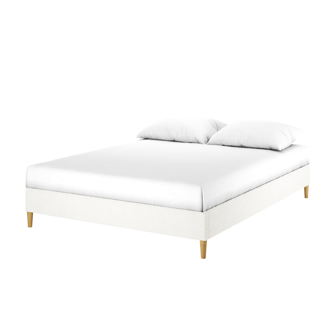 Celina Queen Boucle Fabric Bed Base in Cream White features a modern low rectangular platform with white upholstered frame, wooden legs, a white mattress, and two pillows, exuding luxury and comfort.