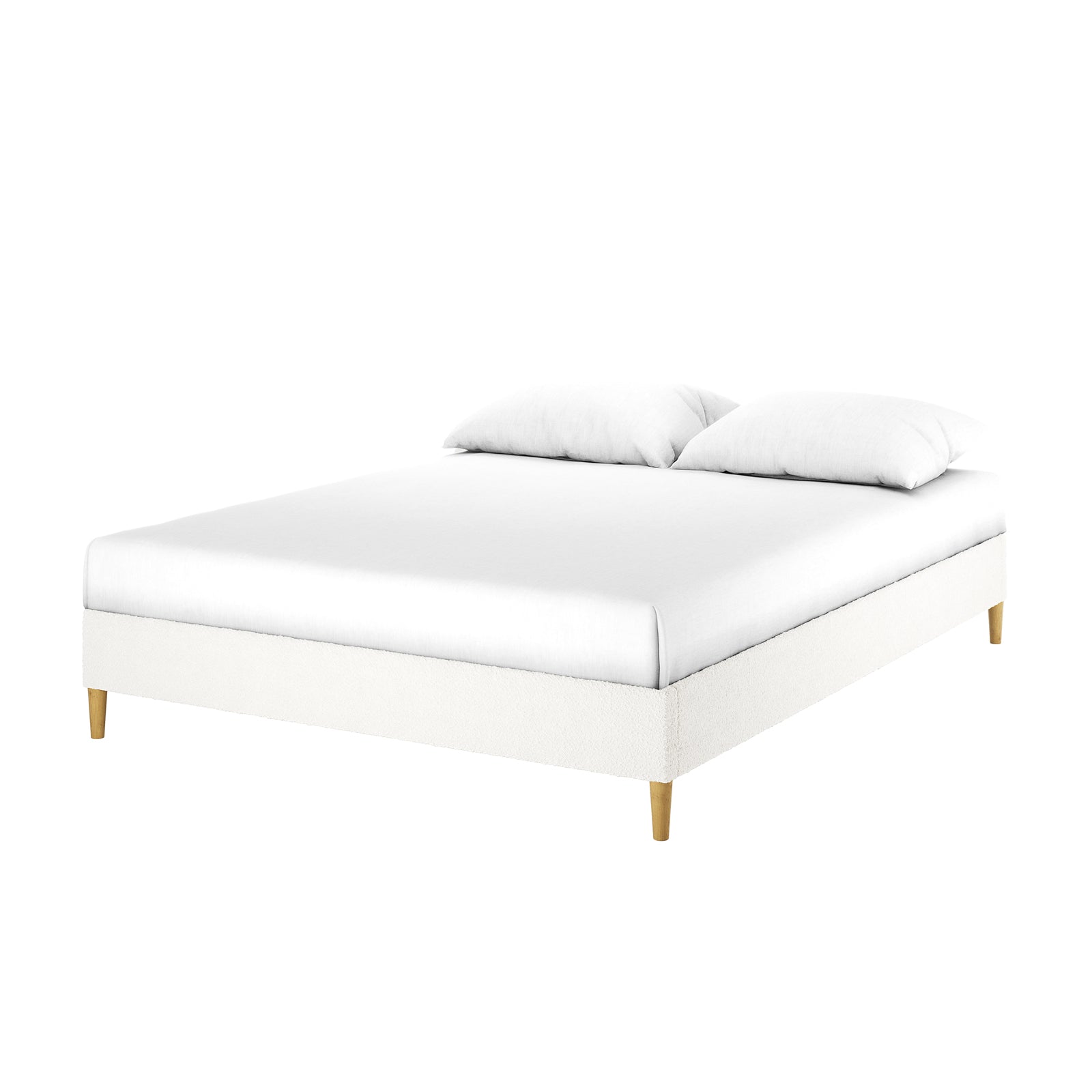 Celina Queen Boucle Fabric Bed Base in Cream White features a modern low rectangular platform with white upholstered frame, wooden legs, a white mattress, and two pillows, exuding luxury and comfort.