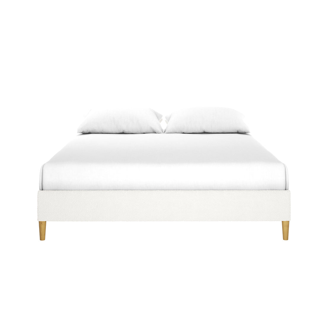 Celina Queen Boucle Fabric Bed Base in Cream White features a low-profile design with white upholstery, foam padding, and light-wood tapered legs, offering a modern, stylish touch to any bedroom.