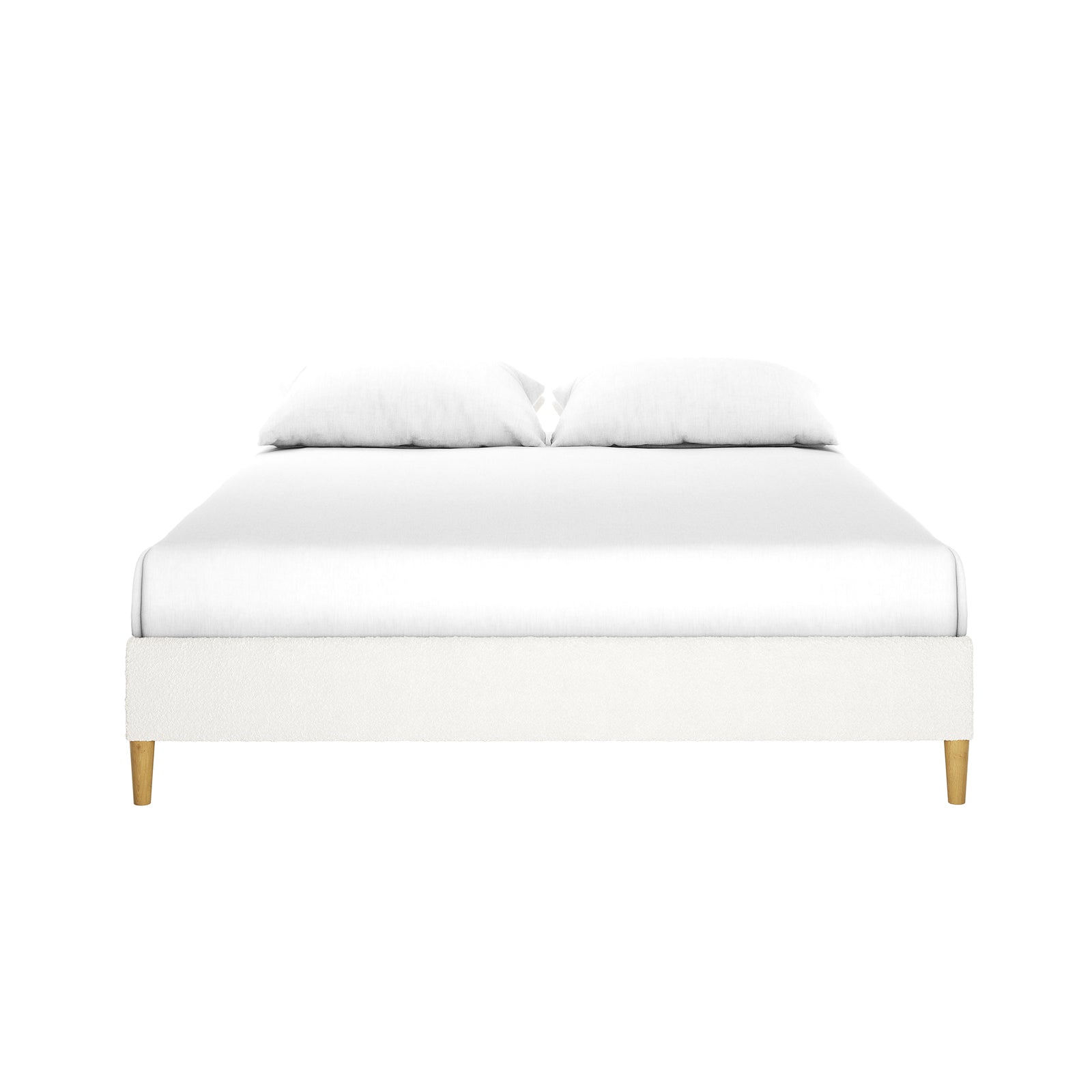 Celina Queen Boucle Fabric Bed Base in Cream White features a low-profile design with white upholstery, foam padding, and light-wood tapered legs, offering a modern, stylish touch to any bedroom.