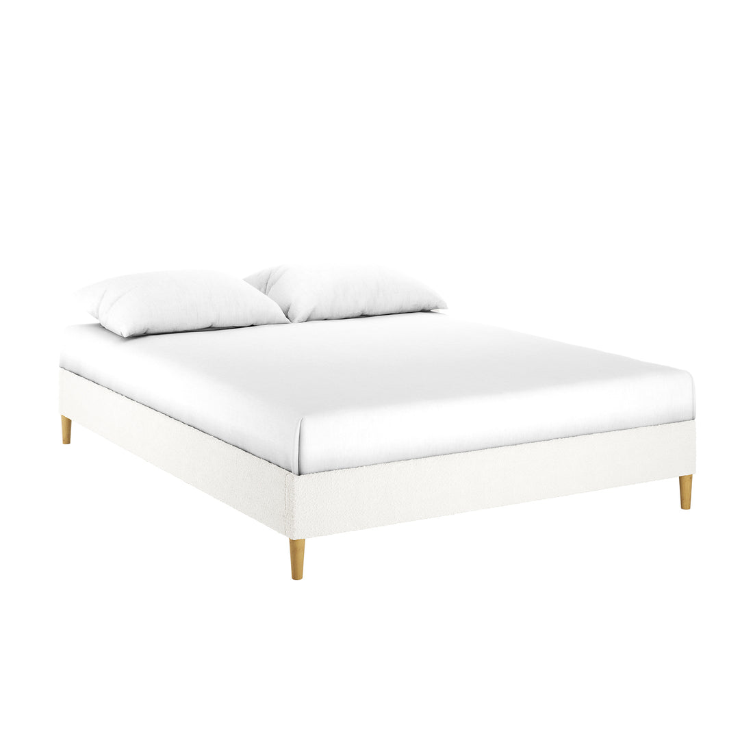 Celina Queen Boucle Fabric Bed Base in Cream White, featuring a minimalist design with white upholstery, a white mattress, two pillows, and short, tapered wooden legs for a sleek, modern look.