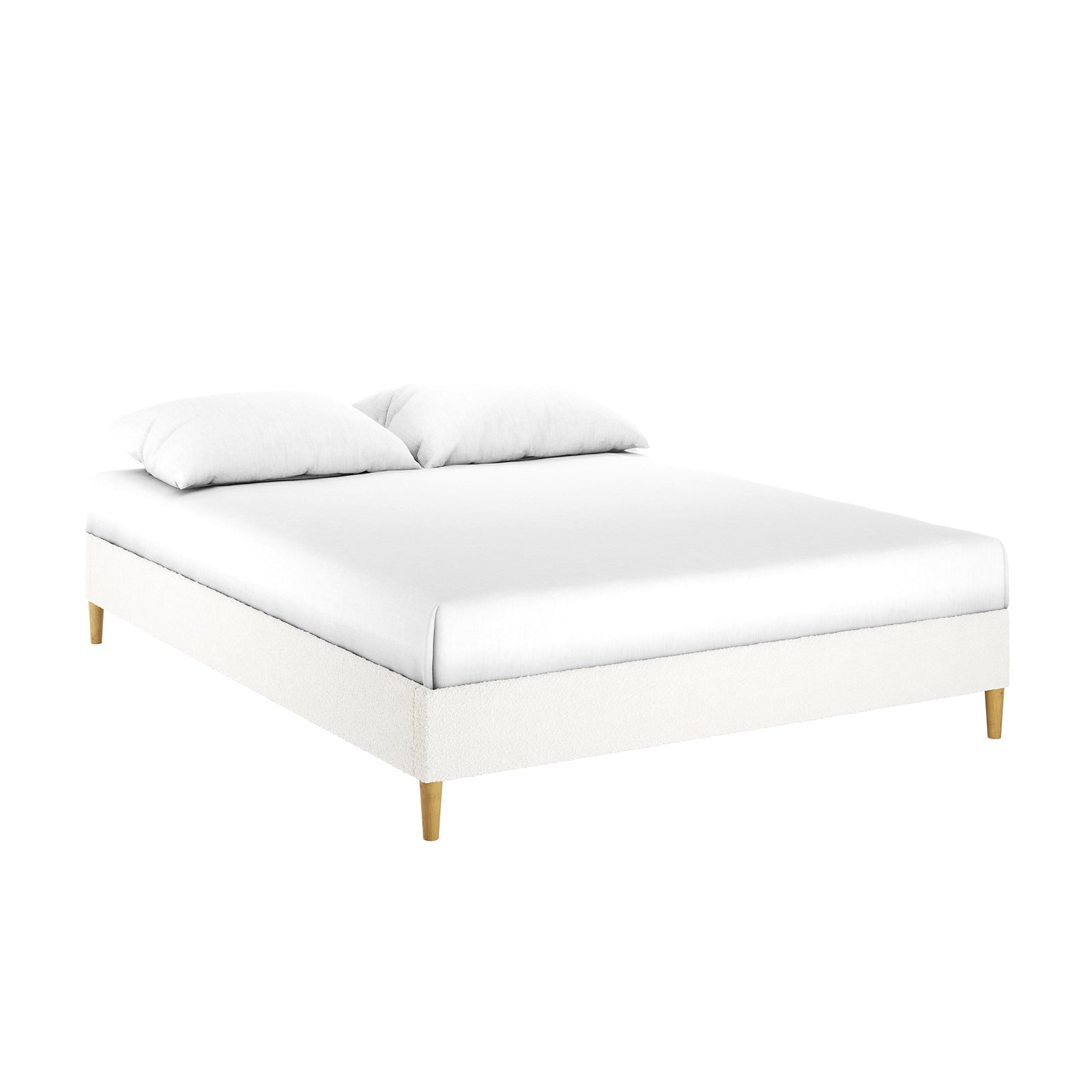 Celina Queen Boucle Fabric Bed Base in Cream White, featuring a minimalist design with white upholstery, a white mattress, two pillows, and short, tapered wooden legs for a sleek, modern look.