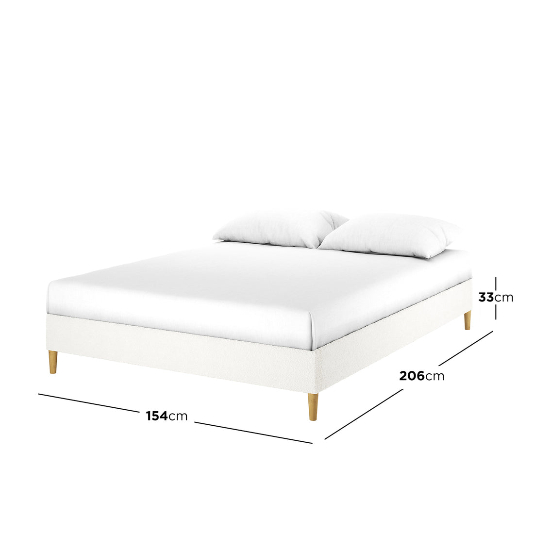 Celina Queen Boucle Fabric Bed Base in Cream White, featuring a minimalist design with white upholstery, wooden legs, and a mattress with pillows. Dimensions: 154 cm wide, 206 cm long, 33 cm high.
