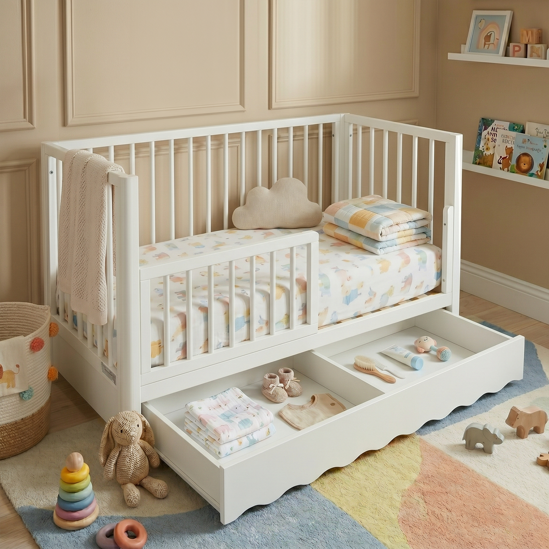 White timber toddler bed with a scalloped under-bed trundle storage drawer.