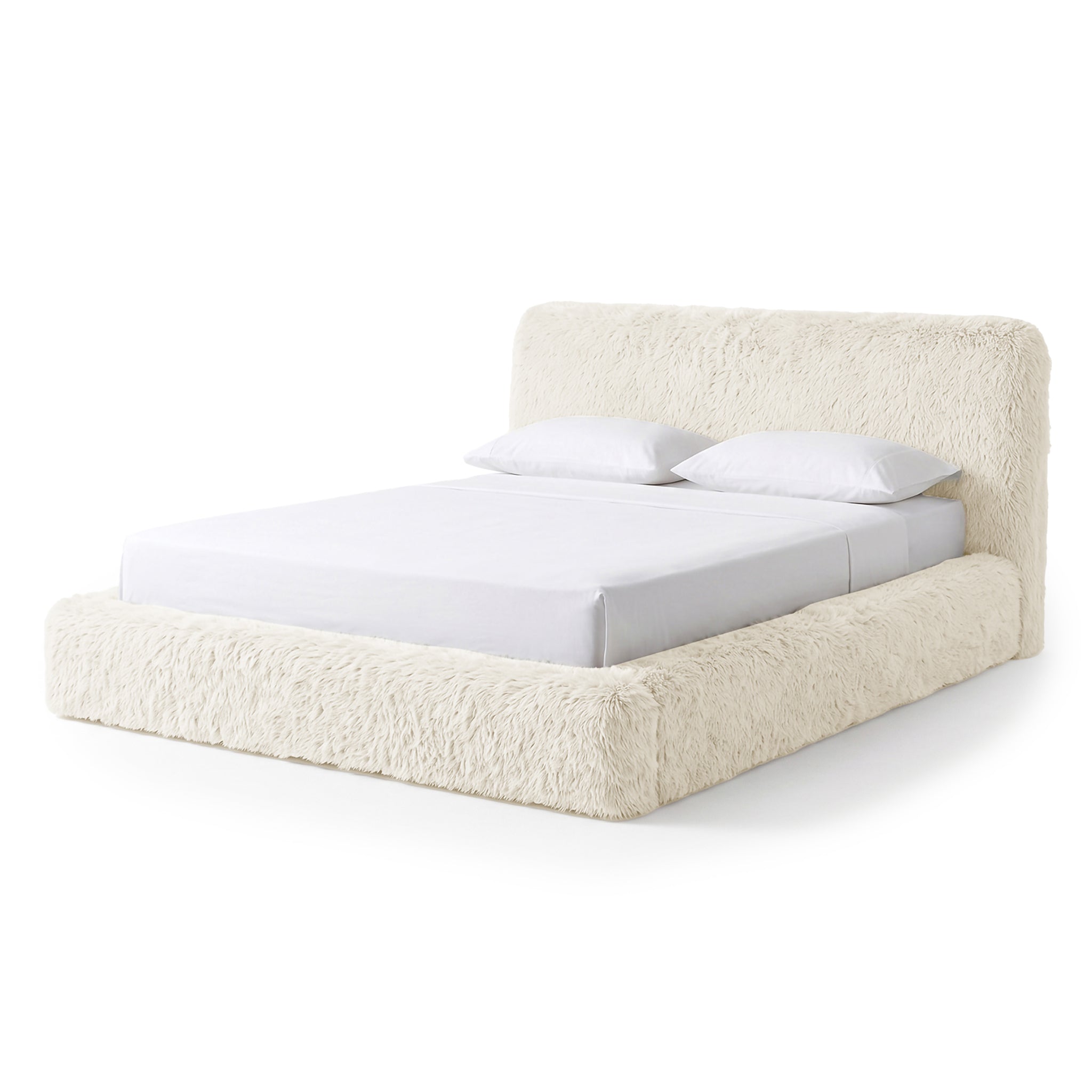 Modern plush upholstered bed shown fully on a white background