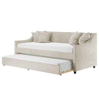 Cloelia Linen Single Sofa Daybed with Trundle, showcasing a sleek beige design with four scatter cushions, versatile as a couch or bed, featuring a trundle underneath for additional sleeping space.