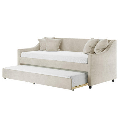 Cloelia Linen Single Sofa Daybed with Trundle, showcasing a sleek beige design with four scatter cushions, versatile as a couch or bed, featuring a trundle underneath for additional sleeping space.