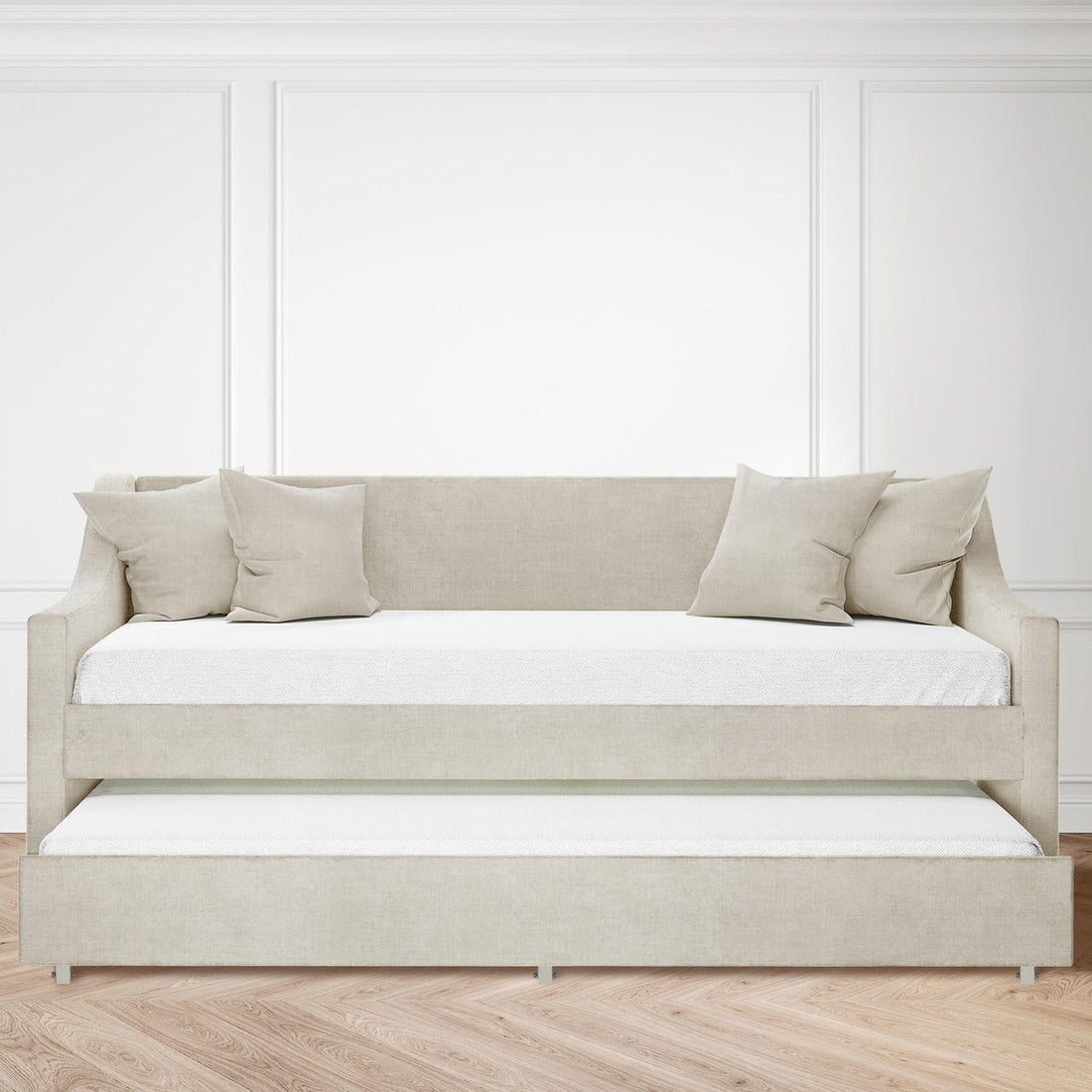Cloelia Linen Single Sofa Daybed with Trundle - Beige shown with plush pillows on a couch, highlighting its dual function as a comfortable seating area and adaptable sleeping space.