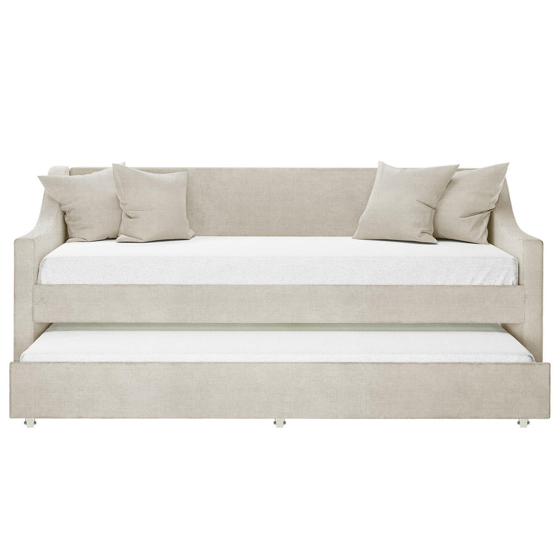Cloelia Linen Single Sofa Daybed with Trundle, featuring a close-up of plush white pillows and a modern couch design with linen fabric, highlighting its versatility as both a sofa and daybed.