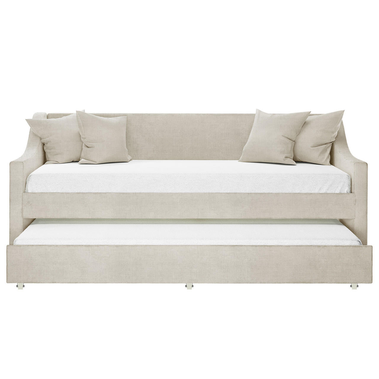Cloelia Linen Single Sofa Daybed with Trundle, featuring a close-up of plush white pillows and a modern couch design with linen fabric, highlighting its versatility as both a sofa and daybed.