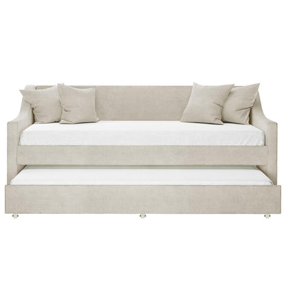 Cloelia Linen Single Sofa Daybed with Trundle, featuring a close-up of plush white pillows and a modern couch design with linen fabric, highlighting its versatility as both a sofa and daybed.