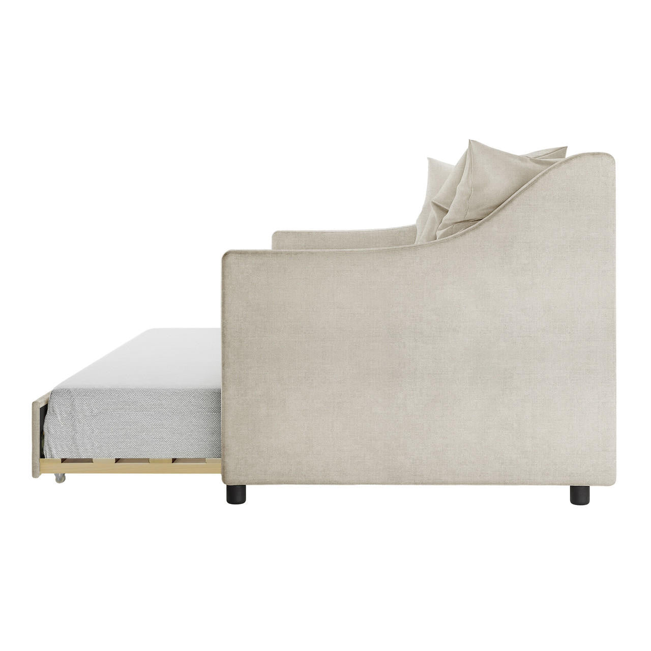 Cloelia Linen Single Sofa Daybed with Trundle, showcasing its beige linen fabric, solid plywood slats, and four scatter cushions, designed for dual use as a comfortable couch and sleeping arrangement.