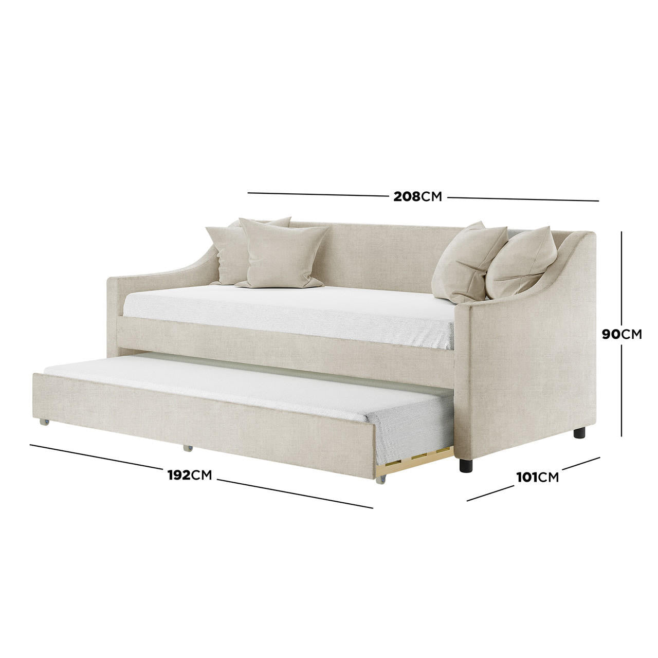 Cloelia Linen Single Sofa Daybed with Trundle - Beige, showcasing its sleek design, linen fabric texture, and four elegant scatter cushions, perfect for versatile use as a couch or bed.