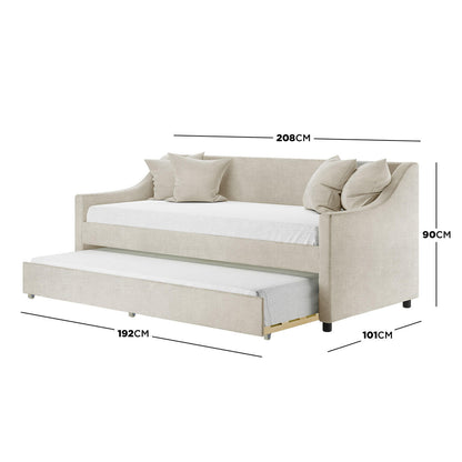 Cloelia Linen Single Sofa Daybed with Trundle - Beige, showcasing its sleek design, linen fabric texture, and four elegant scatter cushions, perfect for versatile use as a couch or bed.