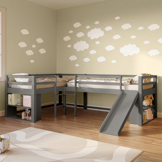 Coreen Loft Bed & Cybele Mattress Package Grey, featuring a bunk bed with a slide and safety rails, designed with open shelves and dual ladders, providing a playful and functional space for children.