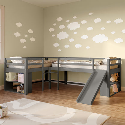 Coreen Loft Bed & Cybele Mattress Package Grey, featuring a bunk bed with a slide and safety rails, designed with open shelves and dual ladders, providing a playful and functional space for children.