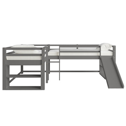 Coreen Loft Bed & Cybele Mattress Package Grey features a grey bunk bed with a slide, durable solid pine frame, safety rails, dual ladders, open shelves, and a fun built-in slide.