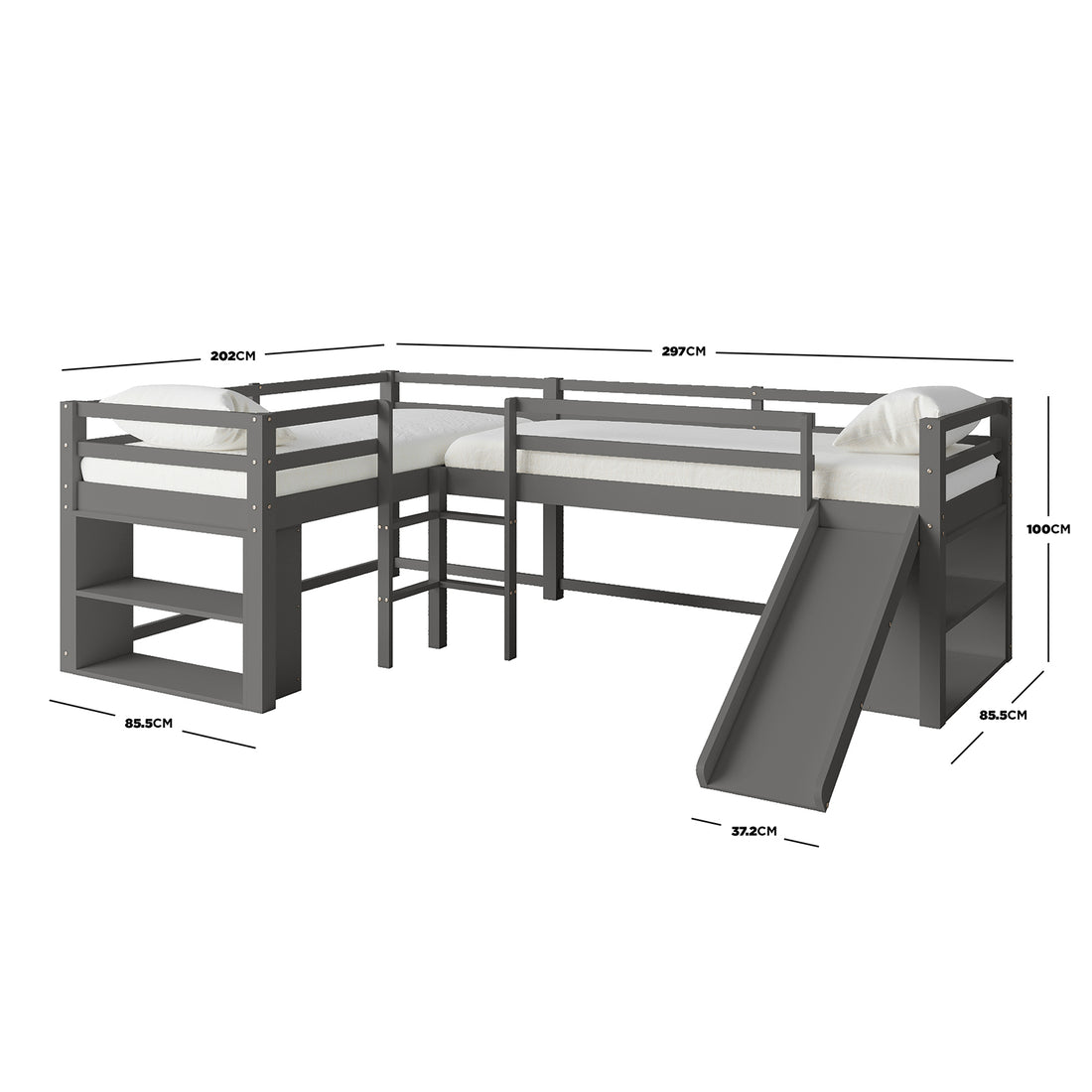Coreen Loft Bed & Cybele Mattress Package Grey features a bunk bed with a slide, dual ladders, and safety rails, crafted from solid pine wood, ideal for kids' rooms.